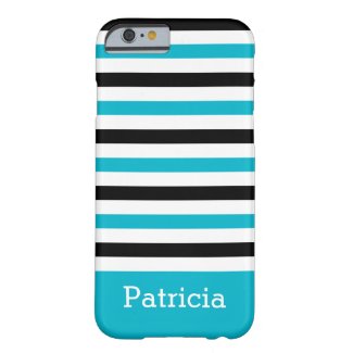 Stylish Blue Black White Stripes Custom Name Barely There iPhone 6 Case