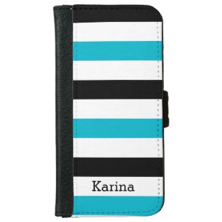 Stylish Blue Black White Stripes Custom Name iPhone 6 Wallet Case