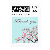 Stylish blue pink cherry blossom wedding thank you postage stamps