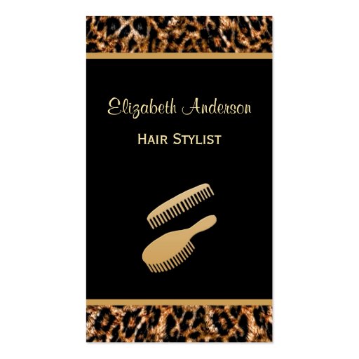 Stylish Brush Black and Gold Leopard Hair Salon Business Card Template (front side)