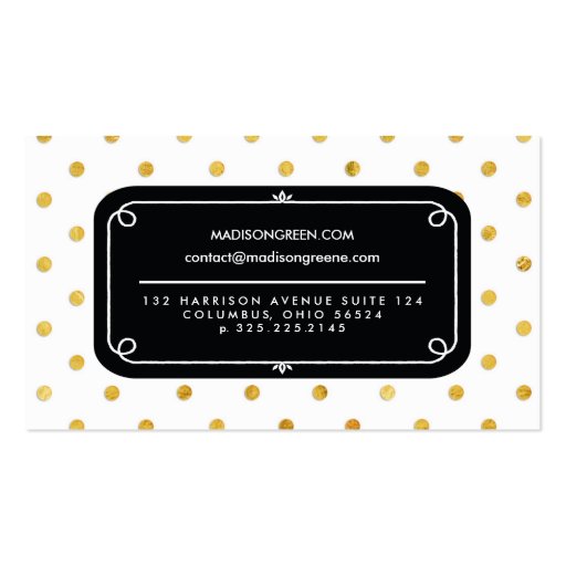 Stylish Chic Black & Gold Polka Dots Custom Business Card Template (back side)