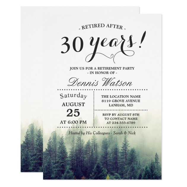 Stylish Chic Forest Pine Trees Retirement Party Card (front side)