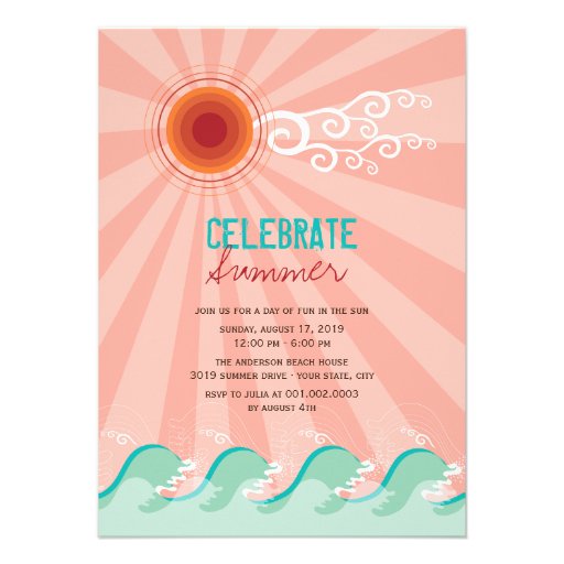 Stylish Cool Waves Pink Sun Summer Party Invite (front side)