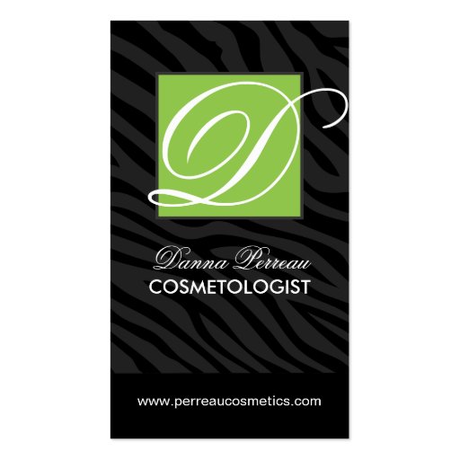 Stylish Cosmetologist Zebra Print Business Cards (front side)