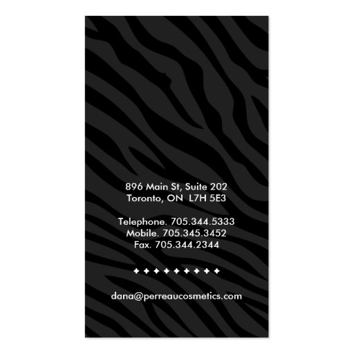Stylish Cosmetologist Zebra Print Business Cards (back side)