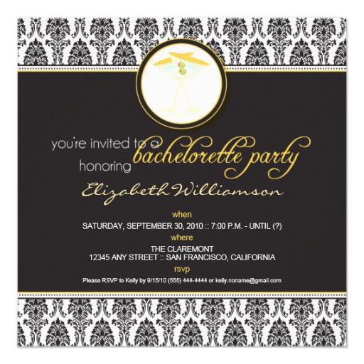 Stylish Damask Bachelorette Invite (yellow)