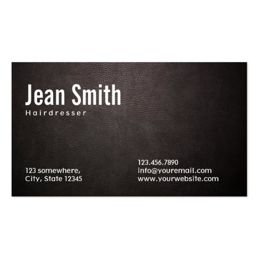 Stylish Dark Leather Hairdresser Business Card (front side)