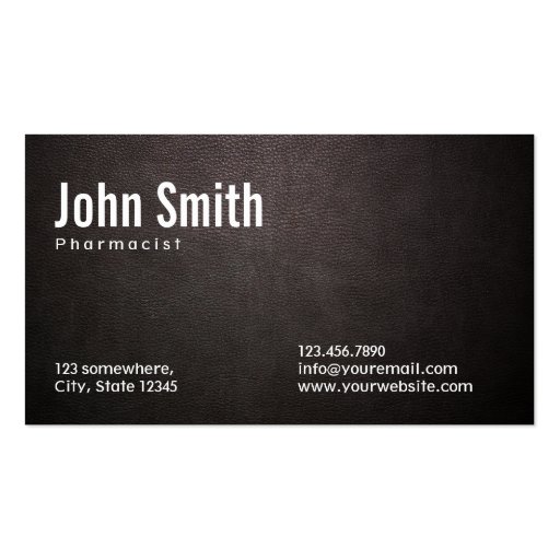 Stylish Dark Leather Pharmacist Business Card (front side)