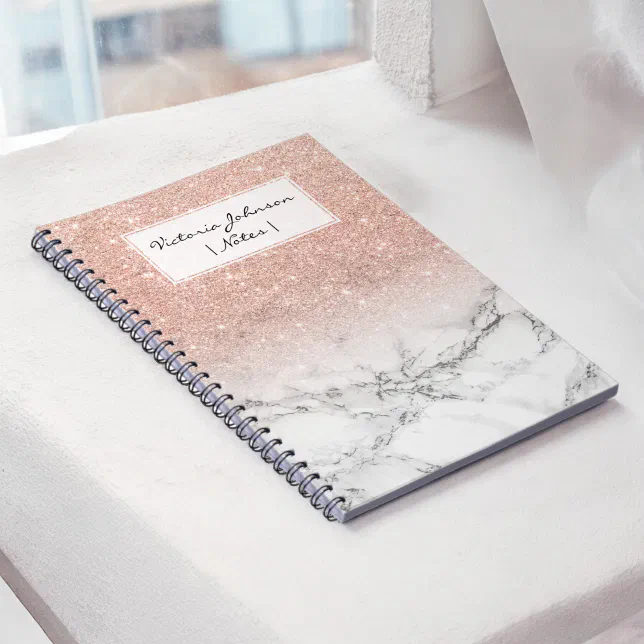 Stylish Faux Rose Pink Glitter Ombre White Marble Notebook Zazzle