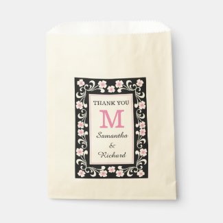 Stylish Floral Border Wedding Thank You Monogram Favor Bags