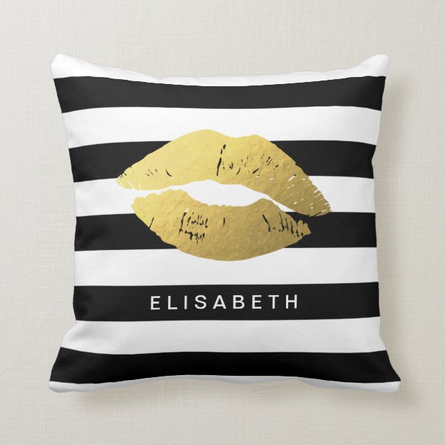 Stylish Gold Lips with Classic Black White Stripes Pillow