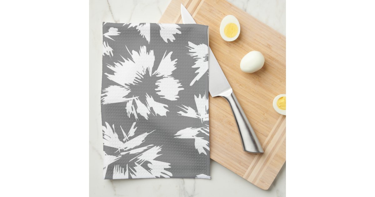 Stylish Gray and White Floral Pattern. Kitchen Towels Zazzle