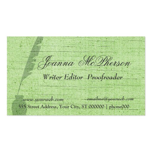Stylish Green Feather   Writer Journalist Business Card (front side)