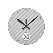 Stylish Monogram with Gray Stripes. Custom. Round Clock