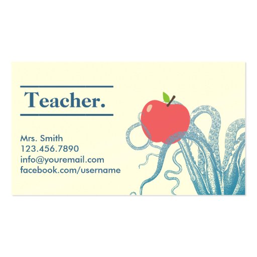 Stylish Octopus & Apple Teacher Business Card (front side)