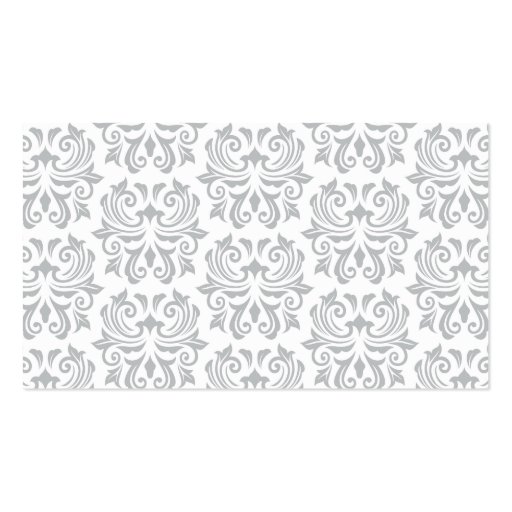 Stylish ornate light gray and white damask pattern business cards (back side)