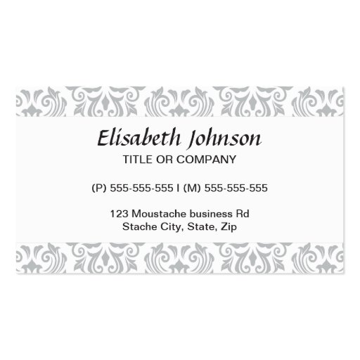 Stylish ornate light gray and white damask pattern business cards (front side)