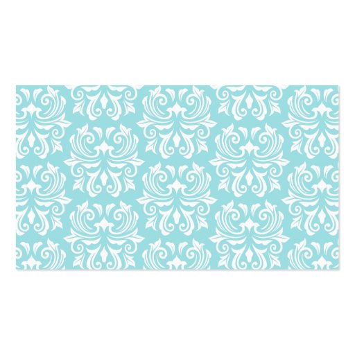 Stylish ornate pale aqua blue white damask pattern business card template (back side)