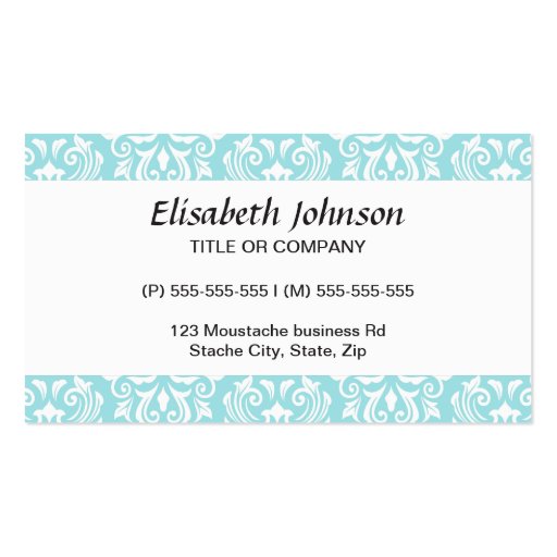 Stylish ornate pale aqua blue white damask pattern business card template (front side)