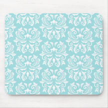 Stylish ornate pale aqua blue white damask pattern mouse pads