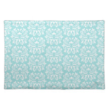 Stylish ornate pale aqua blue white damask pattern placemats