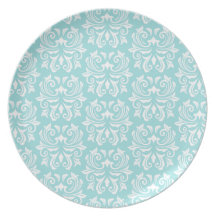 Stylish ornate pale aqua blue white damask pattern dinner plate