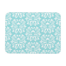 Stylish ornate pale aqua blue white damask pattern vinyl magnets