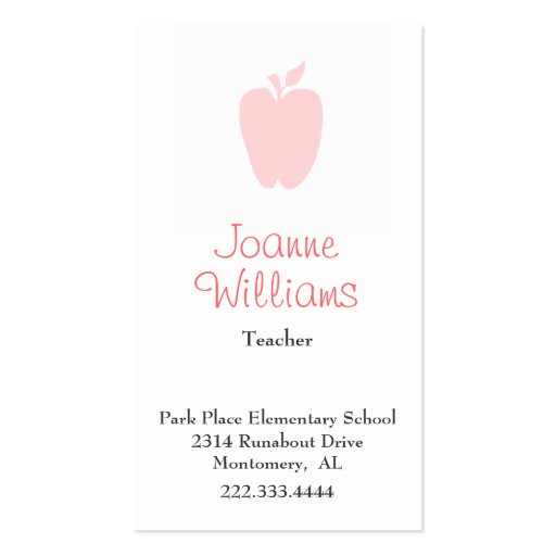 Stylish Pink Apple Teacher Business Card (front side)
