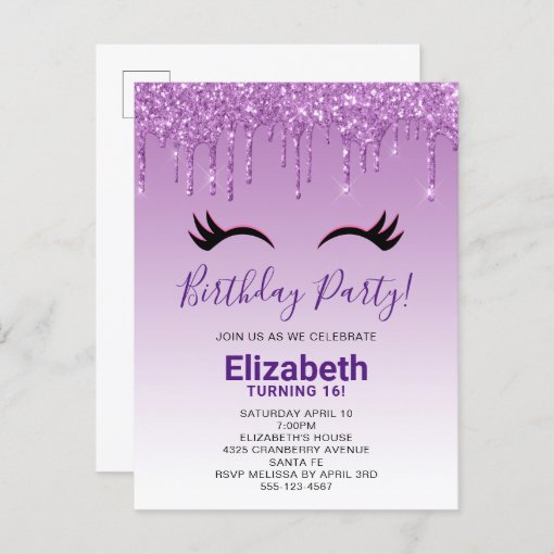 Stylish Pink Black Eyelashes On Dripping Glitter Invitation Postcard