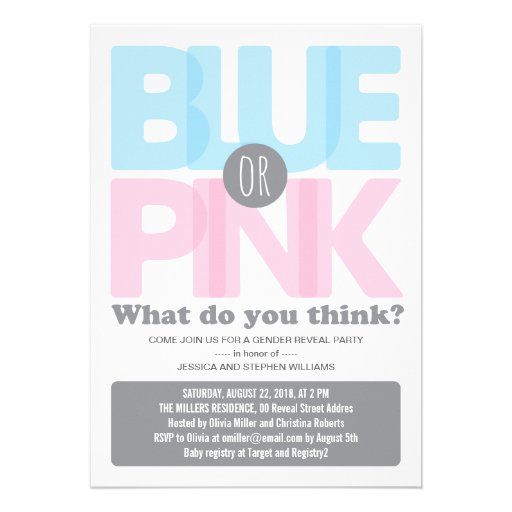 Stylish Pink or Blue Baby Gender Reveal Party Custom Invitations (front side)