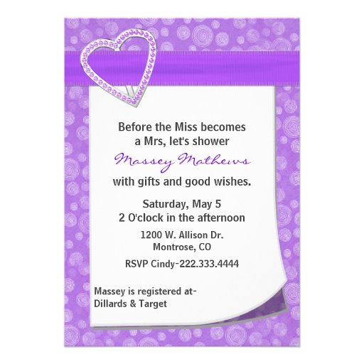 Stylish Purple Heart Bridal Shower Invitation