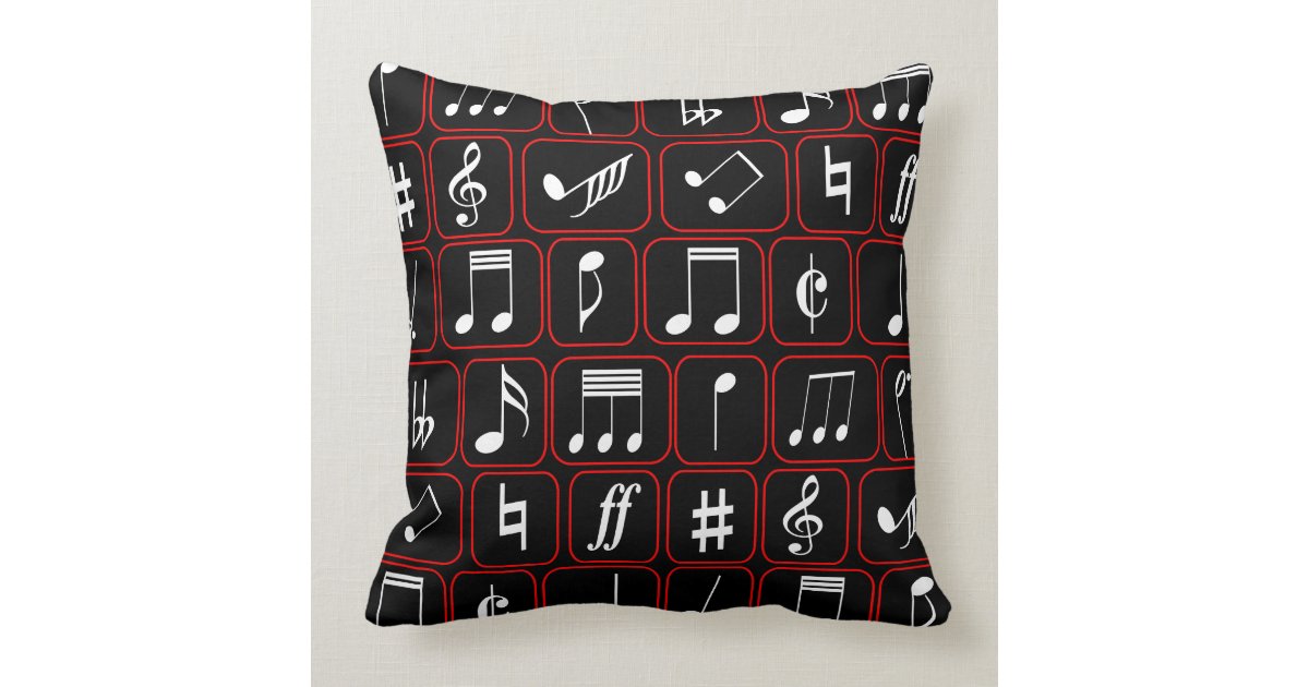Stylish Red Black and White Geometric Music Notes Throw Pillow Zazzle