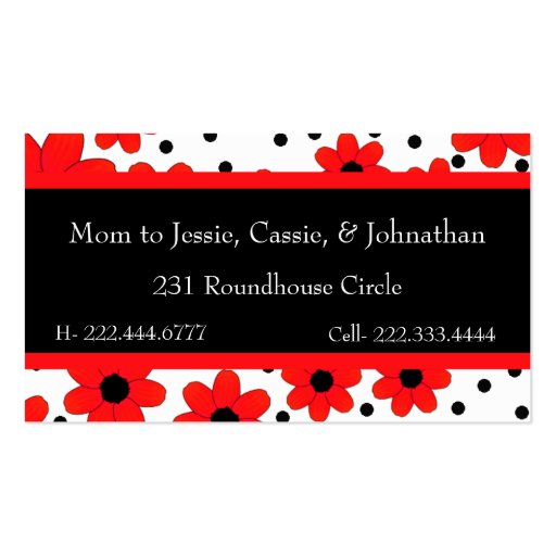 Stylish Red & Black Flowers Custom Mommy Card Business Card Template (back side)