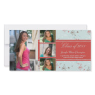Stylish red floral 4 photo graduation announcement photocard