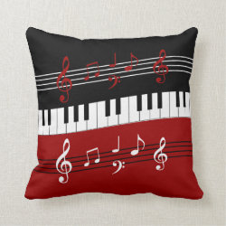 stylish red white black piano keys and notes throw pillows