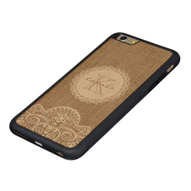 Stylish Rustic Burlap Ivory Lace Pattern Monogram Carved® Maple iPhone 6 Plus Bumper Case-5