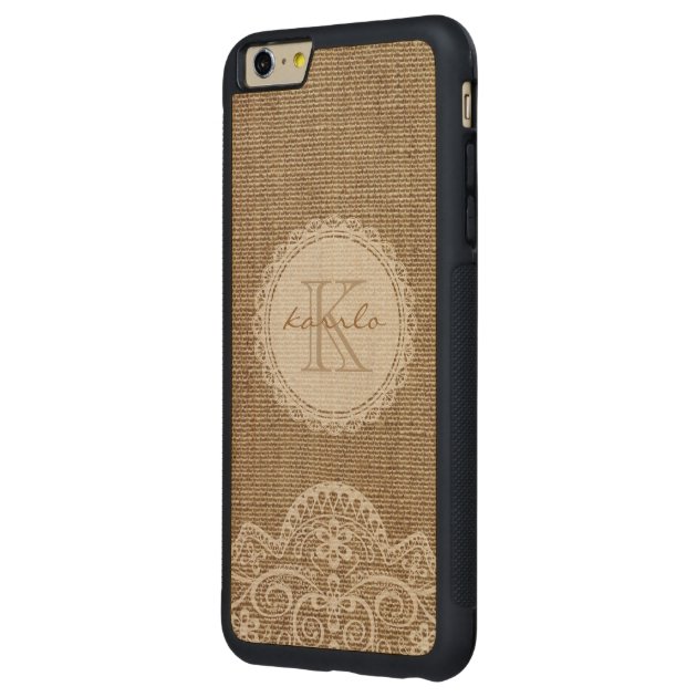 Stylish Rustic Burlap Ivory Lace Pattern Monogram Carved® Maple iPhone 6 Plus Bumper Case