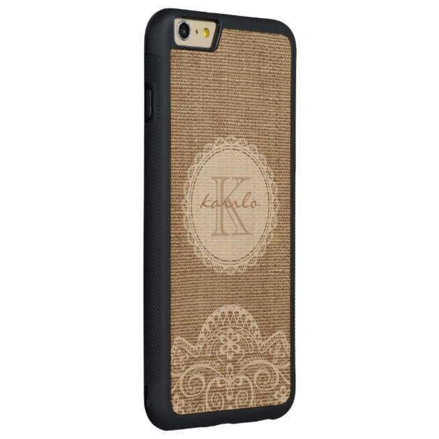 Stylish Rustic Burlap Ivory Lace Pattern Monogram Carved® Maple iPhone 6 Plus Bumper Case-2