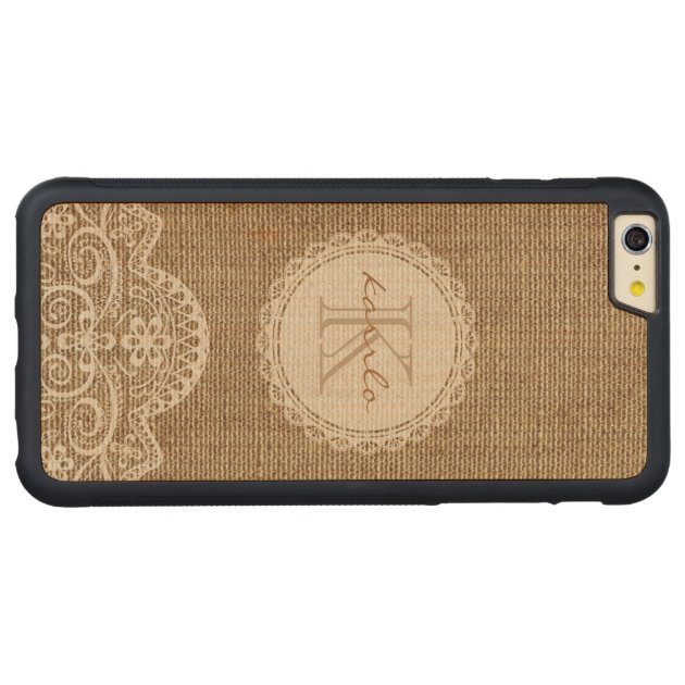 Stylish Rustic Burlap Ivory Lace Pattern Monogram Carved® Maple iPhone 6 Plus Bumper Case-3