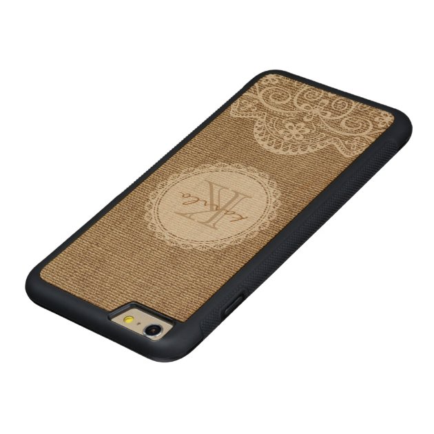 Stylish Rustic Burlap Ivory Lace Pattern Monogram Carved® Maple iPhone 6 Plus Bumper Case-4
