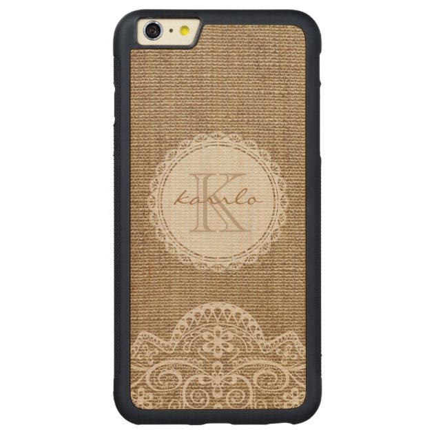 Stylish Rustic Burlap Ivory Lace Pattern Monogram Carved® Maple iPhone 6 Plus Bumper Case