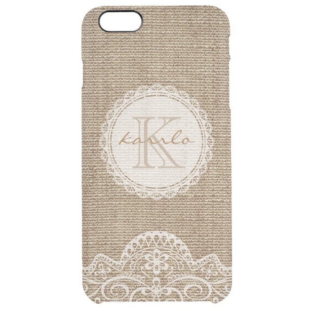 Stylish Rustic Country Burlap Ivory Lace Monogram Uncommon Clearlyâ„¢ Deflector iPhone 6 Plus Case