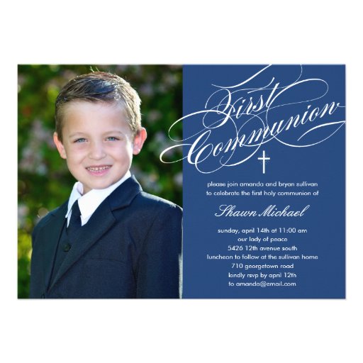 Stylish Script First Communion Invitation - Blue (front side)