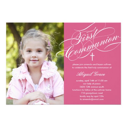 Stylish Script First Communion Invitation - Pink