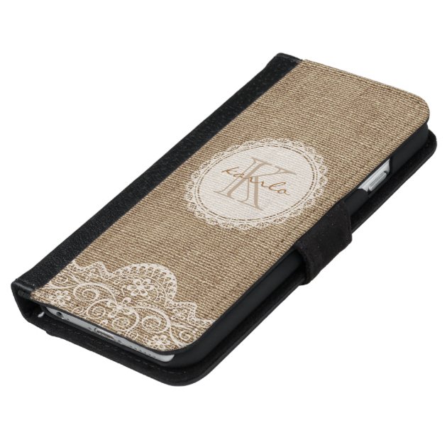 Stylish Shabby Rustic Burlap Ivory Lace Monogram iPhone 6 Wallet Case-5