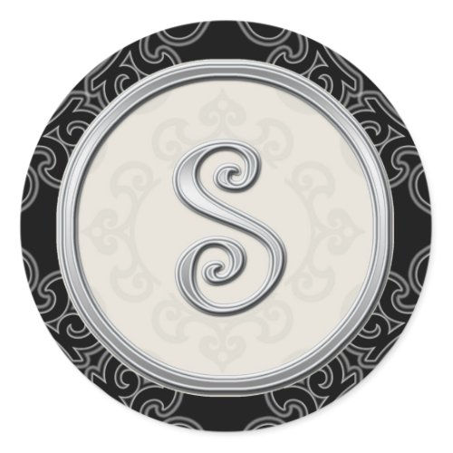 Stylish Silver Monogram Stickers::Initial S Seal Classic Round Sticker