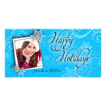 Stylish Snow Flake Blue Happy Holiday Photo Card