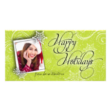 Stylish Snow Flake Green Happy Holidays Photo Card