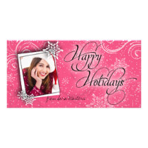 Stylish Snow Flake Pink Happy Holidays Photo Card