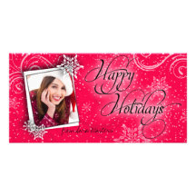 Stylish Snow Flake Red Happy Holiday Photo Card